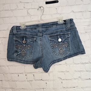 2000s 'Z2 Jeans' Low rise micro mini booty short shorts Bling Cross Pockets  15